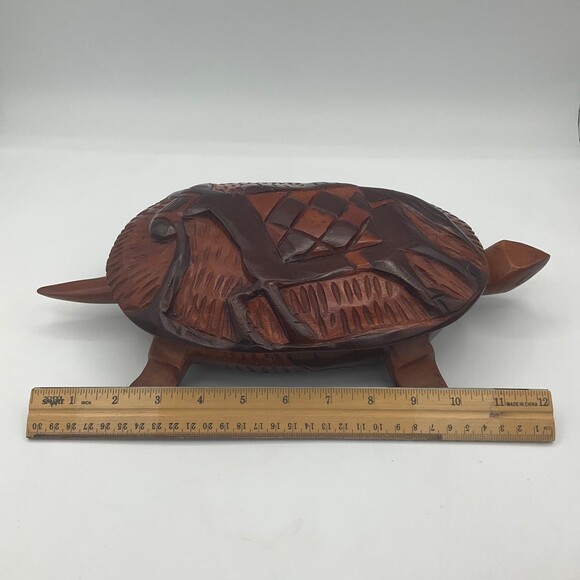 Vintage Hand CArved Wooden Turtle Lidded Box Burro Donkey on Removable Lid Large - Picture 10 of 11